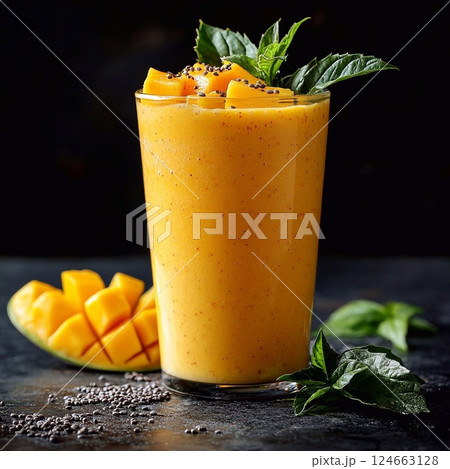 Mango smoothie with mint on a dark background. Generative AI 124663128