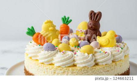 Easter cake sweets decorations. Chocolate bunny chick eggs carrots. Dessert recipe baking holiday theme. Close-up pastel colors photo Easter cake sweets decorations. Chocolate bunny chick eggs carrots. Dessert recipe baking holiday theme. Close-up pastel colors photo 124663211