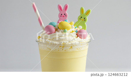 Easter milkshake dessert drink. Whipped cream bunnies candy toppings. Recipe blog kids party food. Close up pastel photo 124663212