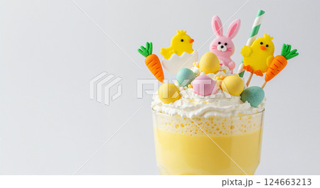 Easter dessert drink glass. Candy eggs chick bunny decoration. Holiday party food blog. Still life bright white photo Easter dessert drink glass. Candy eggs chick bunny decoration. Holiday party food blog. Still life bright white photo 124663213