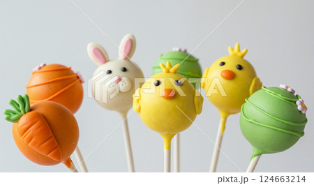 Easter themed cake pops treats. Bunny chick carrot designs. Holiday desserts party fun food. Macro bright colorful white background Easter themed cake pops treats. Bunny chick carrot designs. Holiday desserts party fun food. Macro bright colorful white background 124663214