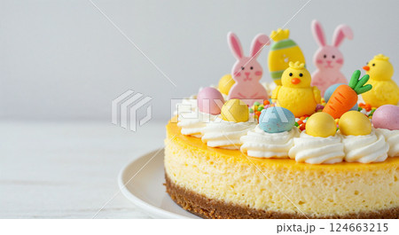 Easter cake decorated bunnies. Colorful eggs spring decorations. Baking recipe celebration party event. Studio shot bright white background Easter cake decorated bunnies. Colorful eggs spring decorations. Baking recipe celebration party event. Studio shot bright white background 124663215