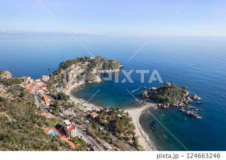 Isola Bella beach coast in Taormina, Italy 124663246