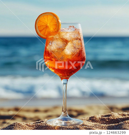 : Refreshing Aperol Spritz against a sea view. Generative AI 124663299