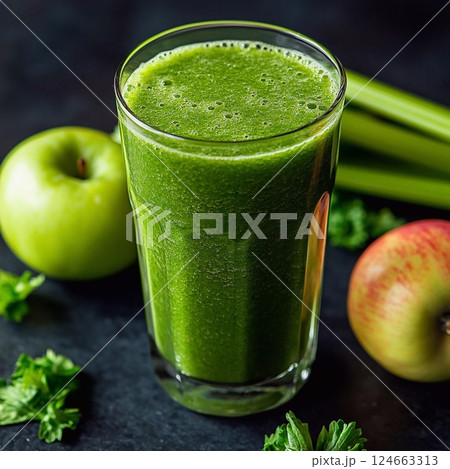 Green smoothie in a glass with apples and celery on a dark background. Generative AI 124663313