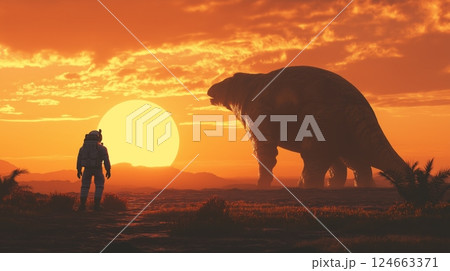 Astronaut stands before a giant creature creature at sunset on an alien planet 124663371