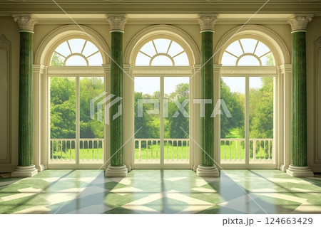 Sunlight illuminates green grand hall through large windows in palace or castle, surrounded by lush greenery 124663429