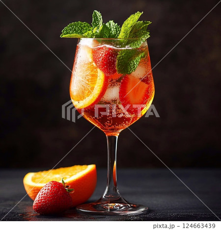 Aperol Spritz generative ai, aperol, spritz, strawberry, orange, mint, cocktail, drink strawberry and orange on a dark background. Refreshing summer cocktail with bright fruits and mint. Generative Ai 124663439