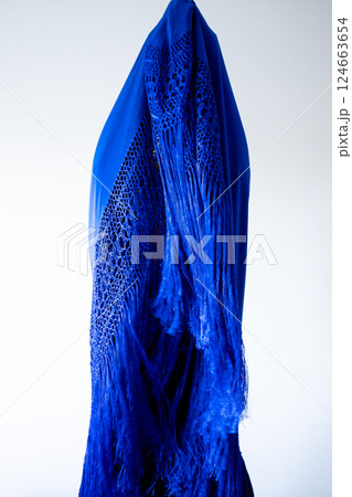 Female wrapped in intricate blue fabric with delicate fringe patterns 124663654