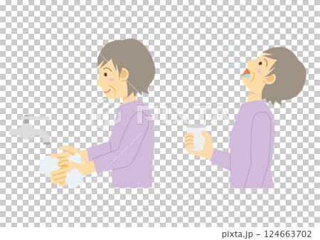 うがいと手洗いをする横向きのシニアの女性のイラスト 124663702