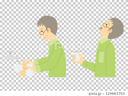うがいと手洗いをする横向きのシニアの男性のイラスト 124663703