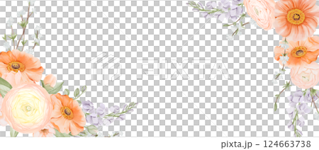 Spring Floral watercolor banner, design frame. Ranunculus and Iceland Poppies Flowers, Freesia, Peach or Cherry and Snow Willow Branches. Hand drawn botanical illustration isolated on white background 124663738