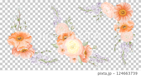 Corner Bouquets Set. Iceland Poppy, Ranunculus, Freesia and Peach or Cherry branches. Watercolor hand drawn botanical illustration of spring flowers in pastel colors isolated on a white background 124663739