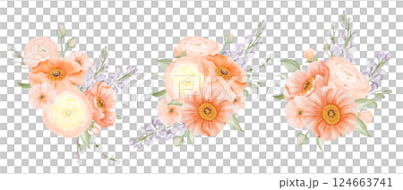 Spring Bouquets Set from Flowers in Pastel colors. Ranunculus and Iceland Poppies with Freesia, Peach or Cherry and Snow Willow Branches. Watercolor hand painted botanical illustration isolated on a Spring Bouquets Set from Flowers in Pastel colors. Ranunculus and Iceland Poppies with Freesia, Peach or Cherry and Snow Willow Branches. Watercolor hand painted botanical illustration isolated on a 124663741