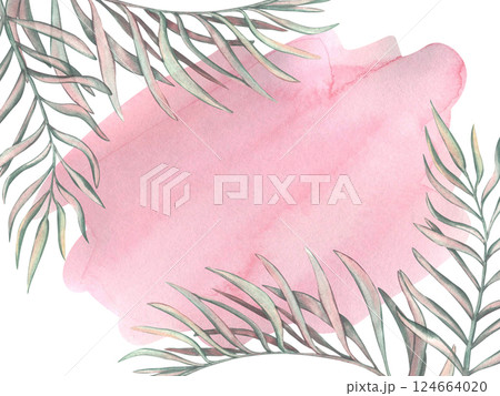 Postcard with light tropical leaves and Abstract pink liquid watercolor background. Watercolor illustration template for wedding invitation. Abstract background save the date for wedding ceremony 124664020