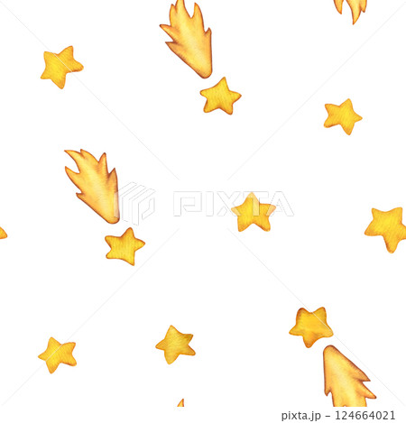 Seamless pattern with gold stars. Hand drawn Children's Watercolor Illustration of outer space. Simple seamless star pattern for textiles, fabric, wallpaper and packaging 124664021