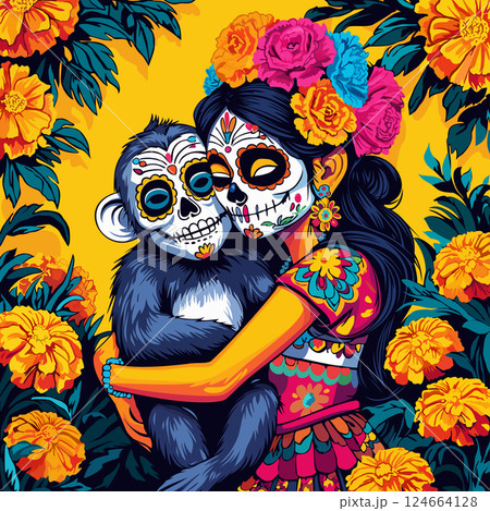 Mexican Katrina hugging cute monkey. Bright vector poster celebrating Day of the Dead 124664128