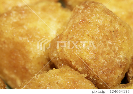 Close up of Square Cooked Crispy Fried Battered Tofu Soy 124664153
