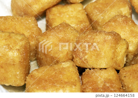 Close up of Square Cooked Crispy Fried Battered Tofu Soy 124664158