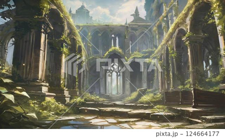 廃墟化された古代風の遺跡 124664177