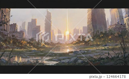 荒れた瓦礫や土地から見るダウンタウンの街並み 124664178