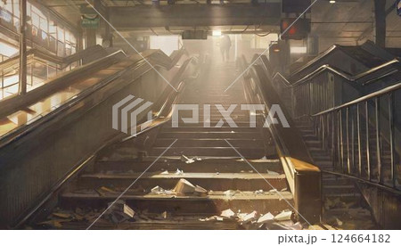 廃墟化された地下ホームへの階段 124664182