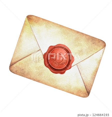 Closed envelope with wax seal in vintage style. Elegant romantic watercolor isolated illustration of letter. Perfect message for Valentines day decoration, retro decor, postcards, cards, scrapbook 124664193