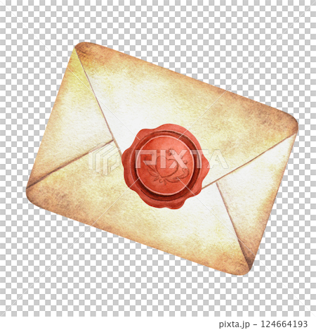 Closed envelope with wax seal in vintage style. Elegant romantic watercolor isolated illustration of letter. Perfect message for Valentines day decoration, retro decor, postcards, cards, scrapbook 124664193