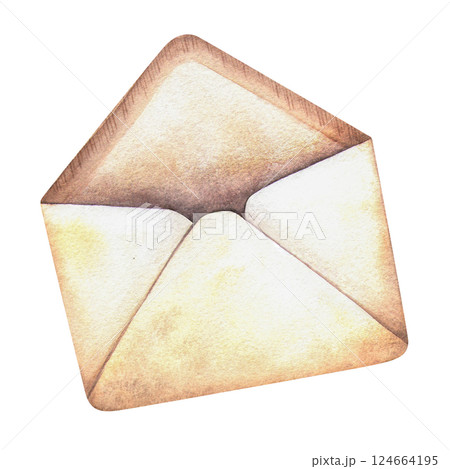 Opened envelope painted in watercolor vintage style. Elegant retro hand-drawn isolated illustration of letter. Perfect for old-fashioned romantic postcards, cards, symbols, Valentines day design 124664195