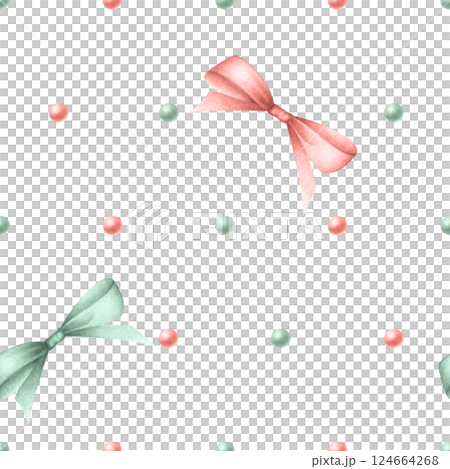 Watercolor coquette bows and beads in pastel red and green colors. Hand drawn seamless pattern isolated on white background. For festive packaging paper, textile, wrapping, fabric, scrapbooking paper. 124664268