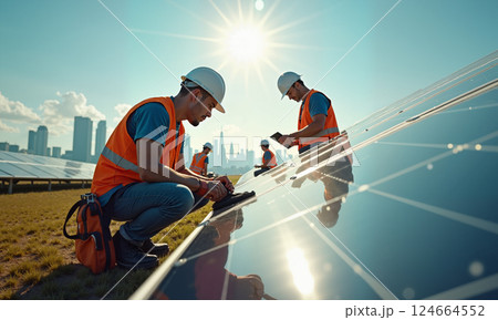 Workers are installing solar panels in an urban setting as part of a clean energy initiative Workers are installing solar panels in an urban setting as part of a clean energy initiative 124664552