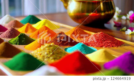 Colorful spices arranged on a wooden tray 124664919