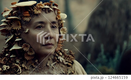 Woman wearing mushroom headdress in a forest 124665159