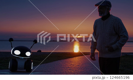 Elderly man enjoying sunset with robot companion 124665196