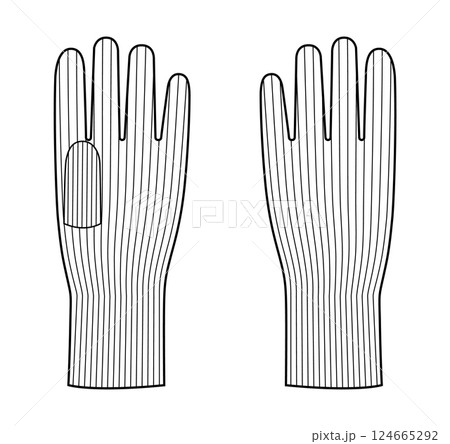 Knit Wool Gloves Wrist length Fashion hand accessory clothing technical illustration garment. Vector front palm back Knit Wool Gloves Wrist length Fashion hand accessory clothing technical illustration garment. Vector front palm back 124665292