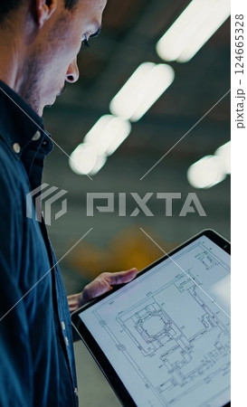 Engineer analyzing blueprint on tablet in factory 124665328