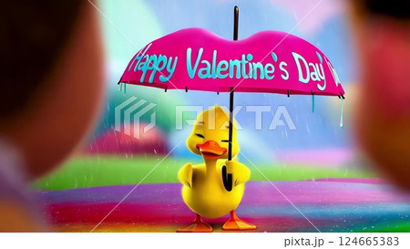 Cute yellow duckling holding pink umbrella during rain on Valentine's Day 124665383