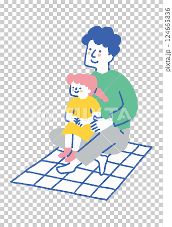 父親和女兒坐在野餐布上_顏色 124665836