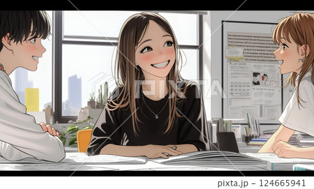 積極的な会話の多いポジティブな職場：社員たちが互いに積極的な意見を交わしている
