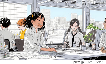 積極的な会話の多いポジティブな職場：社員たちが互いに積極的な意見を交わしている
