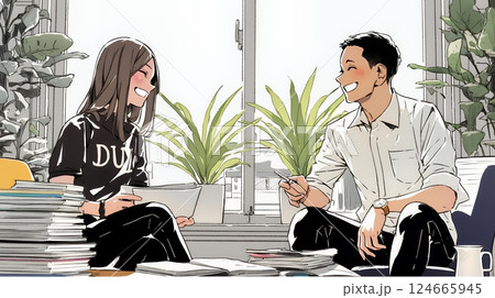 積極的な会話の多いポジティブな職場：社員たちが互いに積極的な意見を交わしている