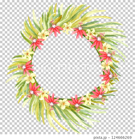 Flying golden pheasant, palm leaves and white tropical flowers watercolor wreath. Hand drawn rainforest nature isolated clipart, sketch style. Exotic paradise bird and plants round frame illustration 124666269