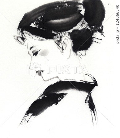 着物を着た横顔の女性 水墨画のイラスト素材 [124666340] - PIXTA
