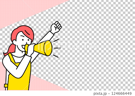 一位身穿圍裙的女士拿著擴音器和影印空間歡呼 124666449