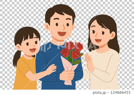 Illustration material of a boy and his mother giving a bouquet of carnations on Mother's Day Illustration material of a boy and his mother giving a bouquet of carnations on Mother's Day 124666455