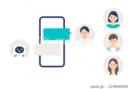 スマホでAIとチャットする若い男性（差し替え用のアイコンセット）【人物ベクターイラスト素材】 124666649