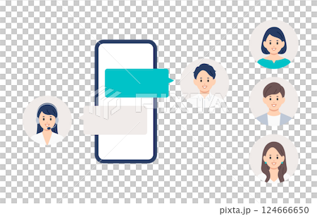 一個年輕男子在智慧型手機上與操作員聊天（替換圖示集）[人物向量插圖素材] 124666650