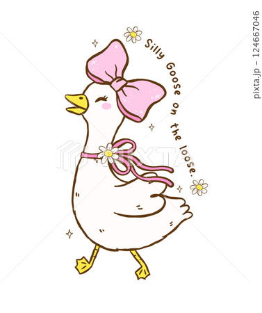 Cute Coquette Silly Goose On the loose Cartoon Cottagecore Spring Hand Drawn Playful Girly Character 124667046