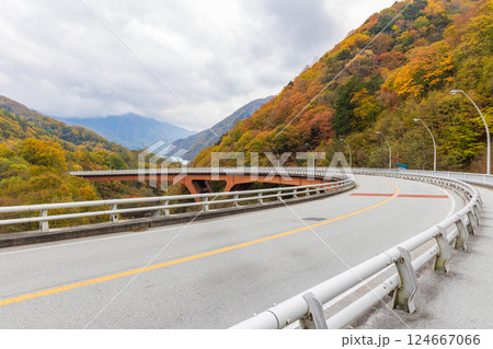 秋の山梨県山梨市　紅葉の西沢渓谷　西沢大橋 124667066
