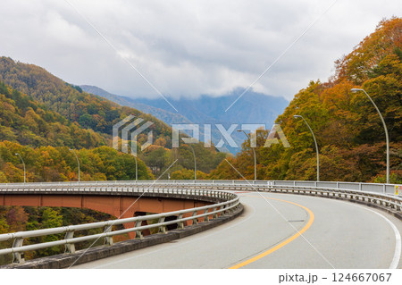 秋の山梨県山梨市　紅葉の西沢渓谷　西沢大橋 124667067